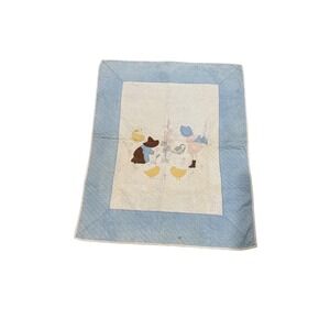 Vintage Sunbonnet Sue Sam Hand Quilted Baby Blanket Blue White Nursery Quilt